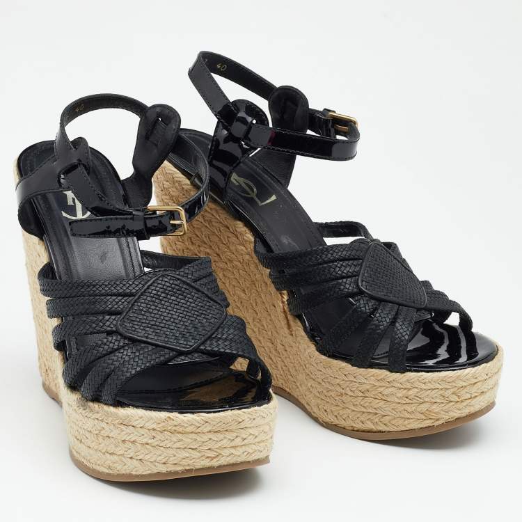 Pre Owned Yves Saint Laurent Black Patent and Woven Leather Agadir Wedge Espadrilles Sandals Size 40