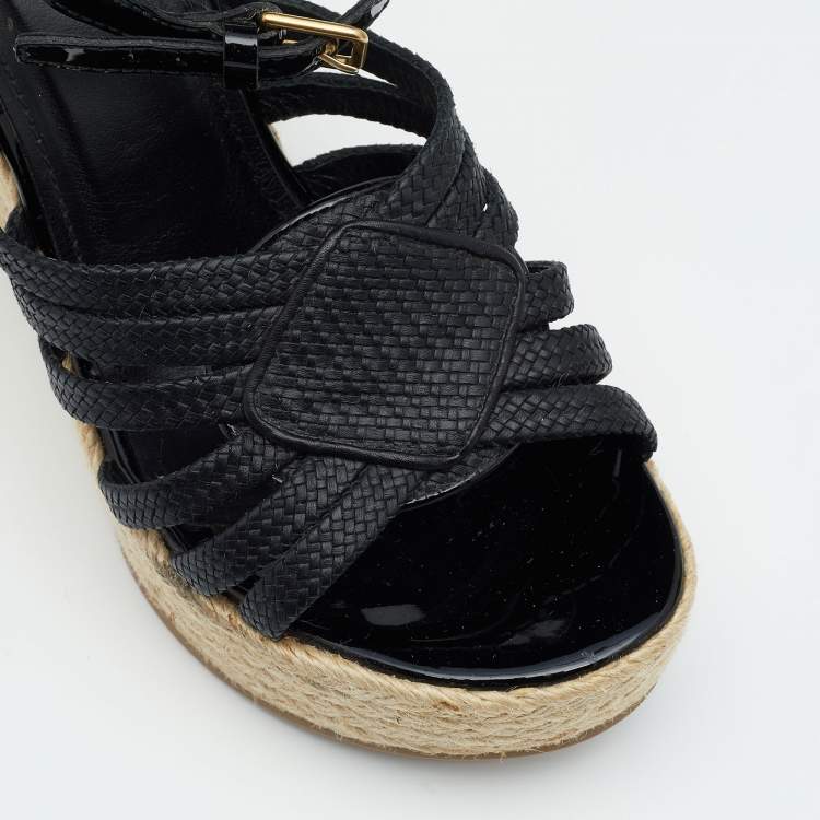 Pre Owned Yves Saint Laurent Black Patent and Woven Leather Agadir Wedge Espadrilles Sandals Size 40