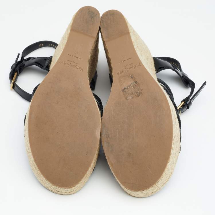 Pre Owned Yves Saint Laurent Black Patent and Woven Leather Agadir Wedge Espadrilles Sandals Size 40