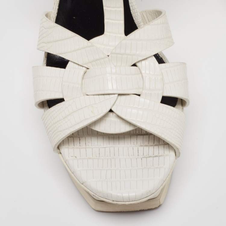 Pre Owned Saint Laurent White Lizard Embossed Leather Tribute Platform Sandals Size 39