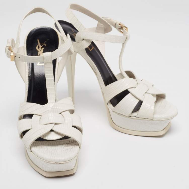 Pre Owned Saint Laurent White Lizard Embossed Leather Tribute Platform Sandals Size 39