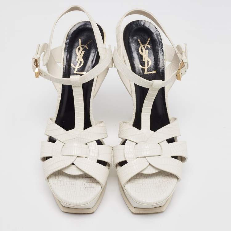 Pre Owned Saint Laurent White Lizard Embossed Leather Tribute Platform Sandals Size 39