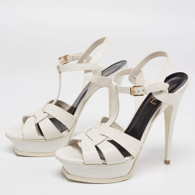 Pre Owned Saint Laurent White Lizard Embossed Leather Tribute Platform Sandals Size 39
