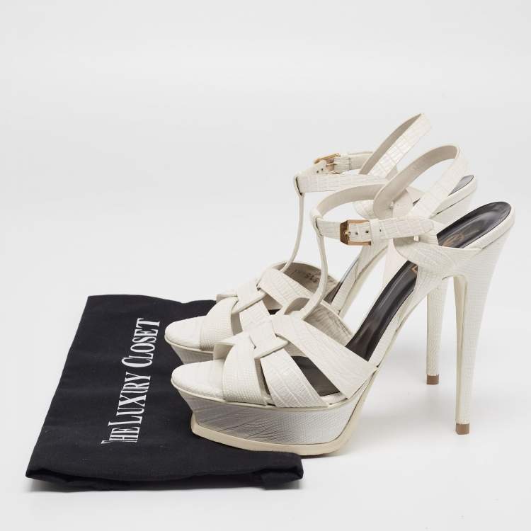 Pre Owned Saint Laurent White Lizard Embossed Leather Tribute Platform Sandals Size 39