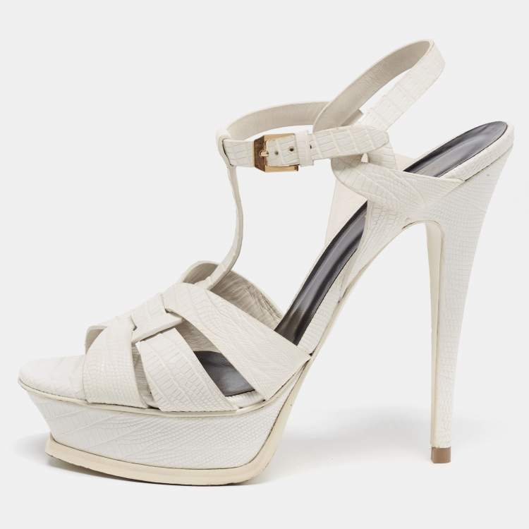 Pre Owned Saint Laurent White Lizard Embossed Leather Tribute Platform Sandals Size 39