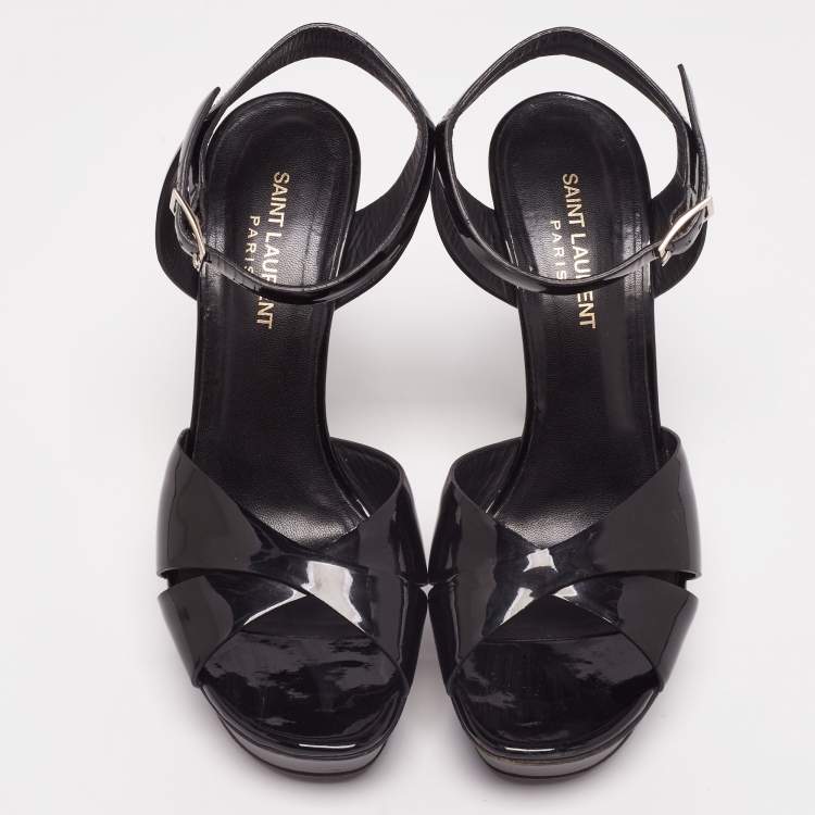 Pre Owned Yves Saint Laurent Black  Patent Leather Platform Ankle Strap Sandals Size 39