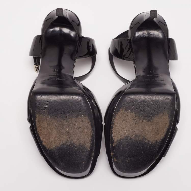 Pre Owned Yves Saint Laurent Black  Patent Leather Platform Ankle Strap Sandals Size 39