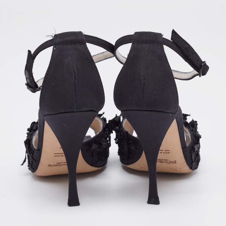 Pre Owned Saint Laurent Black Fabric Embellished Floral T-Strap Open Toe Sandals Size 37