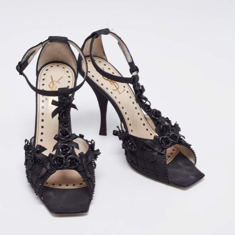 Pre Owned Saint Laurent Black Fabric Embellished Floral T-Strap Open Toe Sandals Size 37