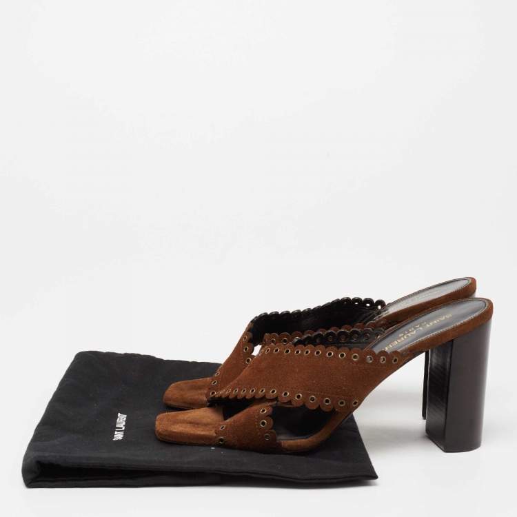 Pre Owned Saint Laurent Brown Suede LouLou Criss Cross Block Heel Slide Sandals Size 39.5