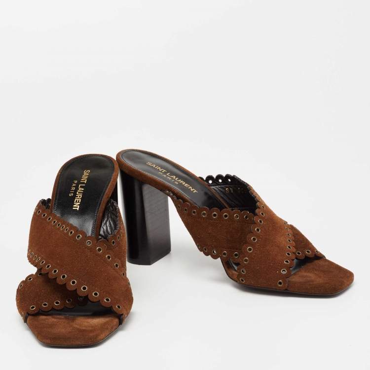 Pre Owned Saint Laurent Brown Suede LouLou Criss Cross Block Heel Slide Sandals Size 39.5