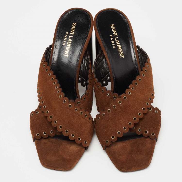 Pre Owned Saint Laurent Brown Suede LouLou Criss Cross Block Heel Slide Sandals Size 39.5