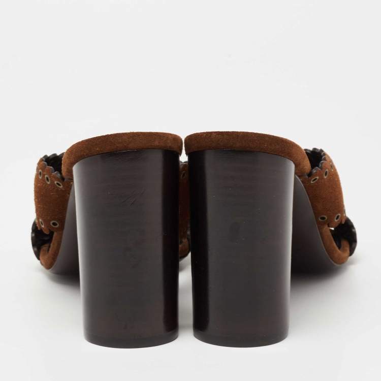 Pre Owned Saint Laurent Brown Suede LouLou Criss Cross Block Heel Slide Sandals Size 39.5