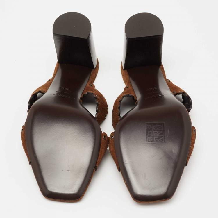 Pre Owned Saint Laurent Brown Suede LouLou Criss Cross Block Heel Slide Sandals Size 39.5
