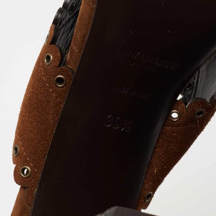 Pre Owned Saint Laurent Brown Suede LouLou Criss Cross Block Heel Slide Sandals Size 39.5
