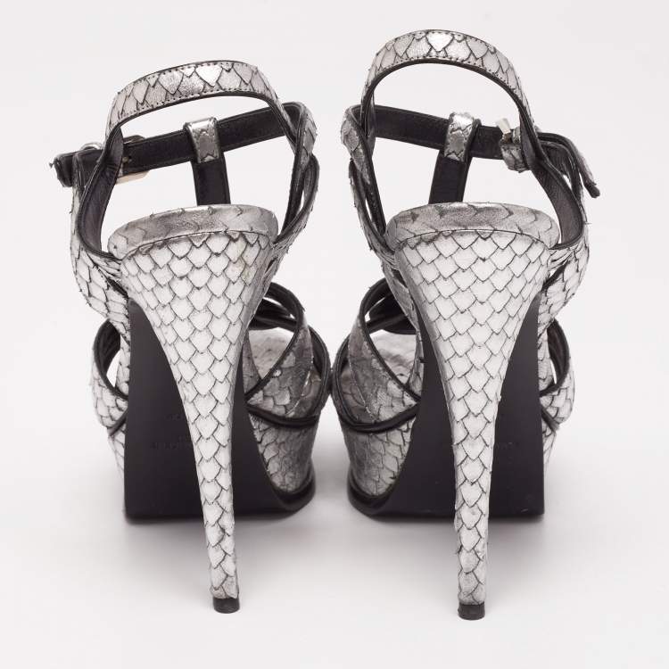 Pre Owned Yves Saint Laurent Silver Python Embossed Tribute Platform Sandals Size 36
