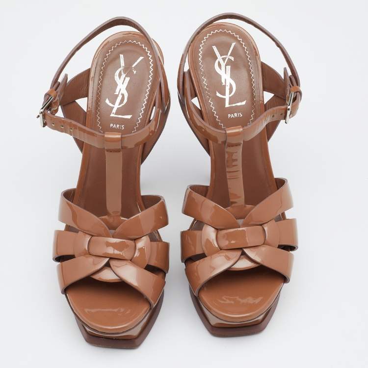 Pre Owned Yves Saint Laurent Beige Patent Leather Tribute Ankle Strap Platform Sandals Size 35