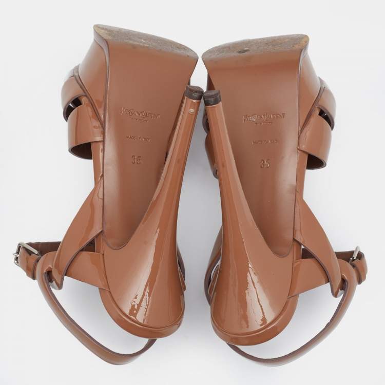 Pre Owned Yves Saint Laurent Beige Patent Leather Tribute Ankle Strap Platform Sandals Size 35