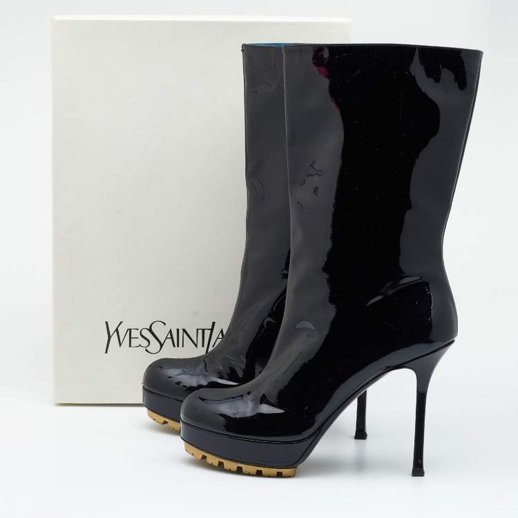 Pre Owned Yves Saint Laurent  Black Patent Leather Mid Calf Length Boots Size 40