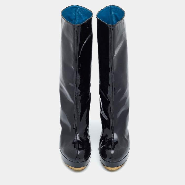 Pre Owned Yves Saint Laurent  Black Patent Leather Mid Calf Length Boots Size 40