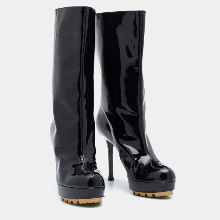 Pre Owned Yves Saint Laurent  Black Patent Leather Mid Calf Length Boots Size 40