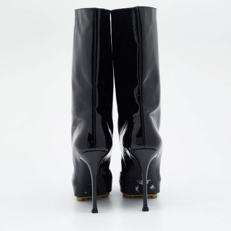 Pre Owned Yves Saint Laurent  Black Patent Leather Mid Calf Length Boots Size 40