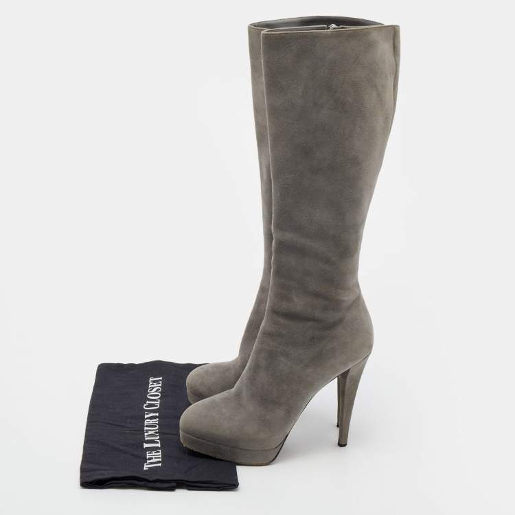 Pre Owned Yves Saint Laurent Grey Suede Knee Length Heel Boots Size 36