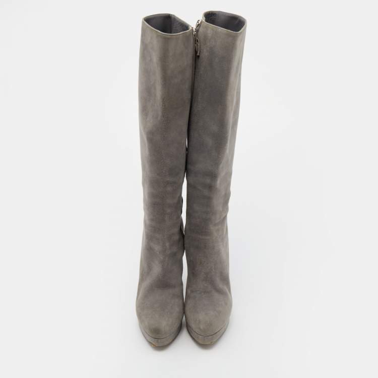 Pre Owned Yves Saint Laurent Grey Suede Knee Length Heel Boots Size 36
