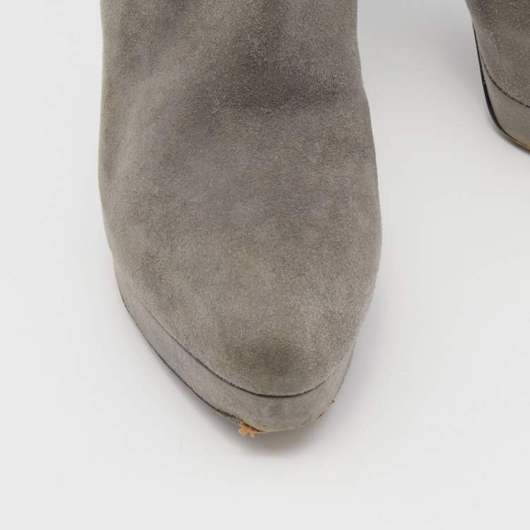 Pre Owned Yves Saint Laurent Grey Suede Knee Length Heel Boots Size 36