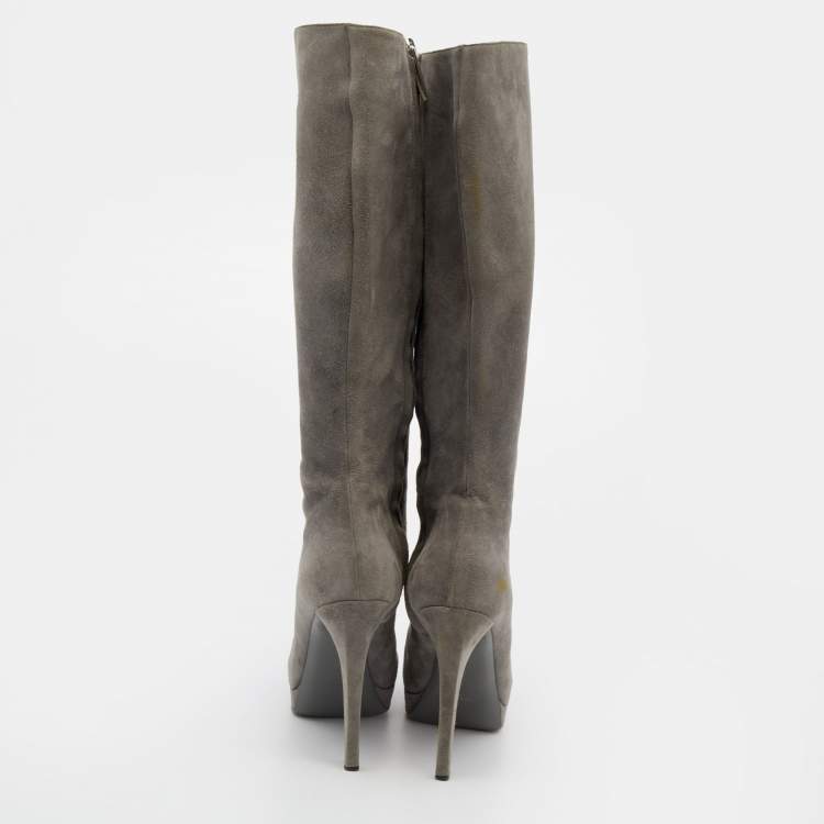 Pre Owned Yves Saint Laurent Grey Suede Knee Length Heel Boots Size 36