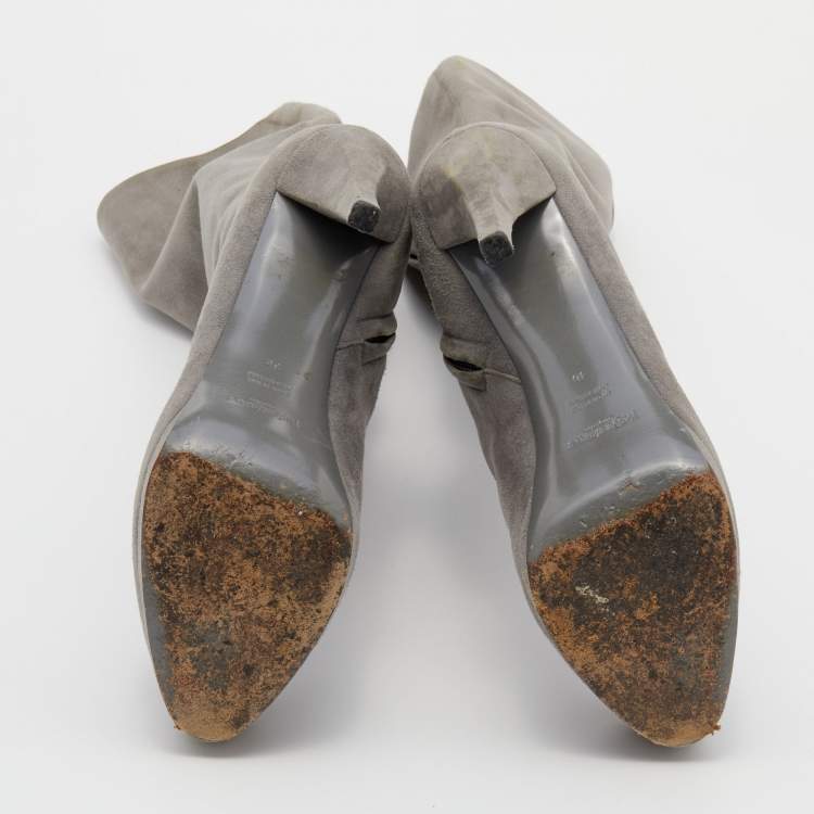 Pre Owned Yves Saint Laurent Grey Suede Knee Length Heel Boots Size 36