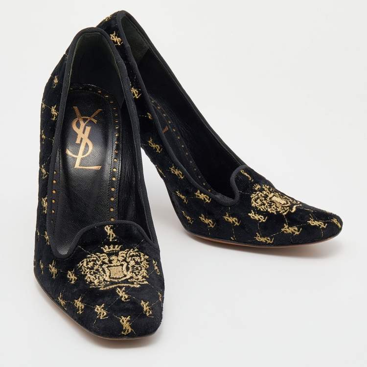 Pre Owned Yves Saint Laurent Black Embroidered Velvet Pumps Size 39