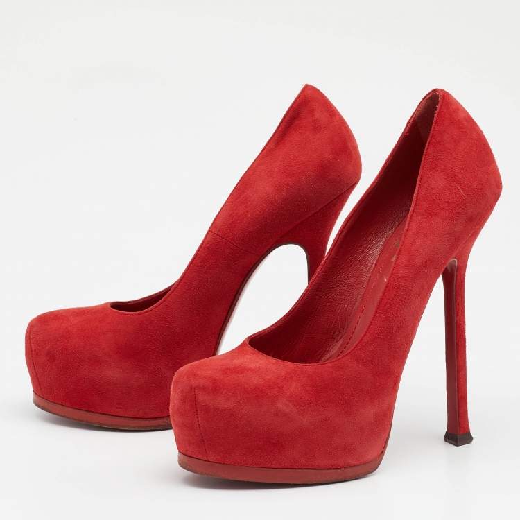 مملوكة مسبقًا Yves Saint Laurent Red Suede Tribtoo Platform Pumps Size 35.5