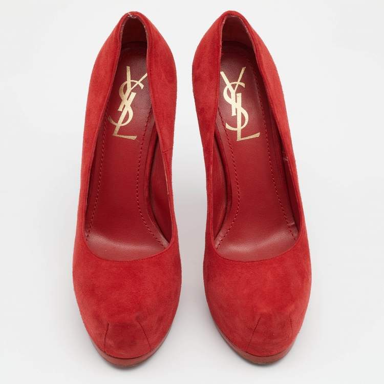مملوكة مسبقًا Yves Saint Laurent Red Suede Tribtoo Platform Pumps Size 35.5