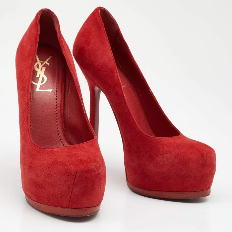 مملوكة مسبقًا Yves Saint Laurent Red Suede Tribtoo Platform Pumps Size 35.5