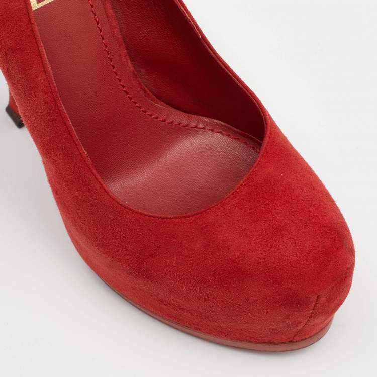 مملوكة مسبقًا Yves Saint Laurent Red Suede Tribtoo Platform Pumps Size 35.5