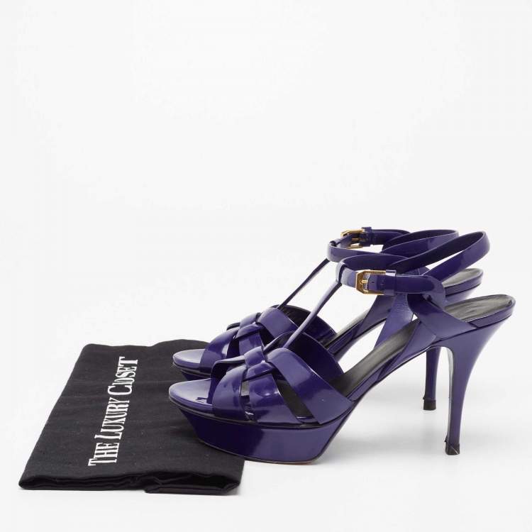 Pre Owned Yves Saint Laurent Blue Patent Tribute Platform Sandals Size 38.5