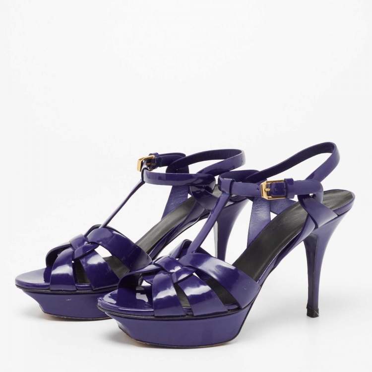 Pre Owned Yves Saint Laurent Blue Patent Tribute Platform Sandals Size 38.5
