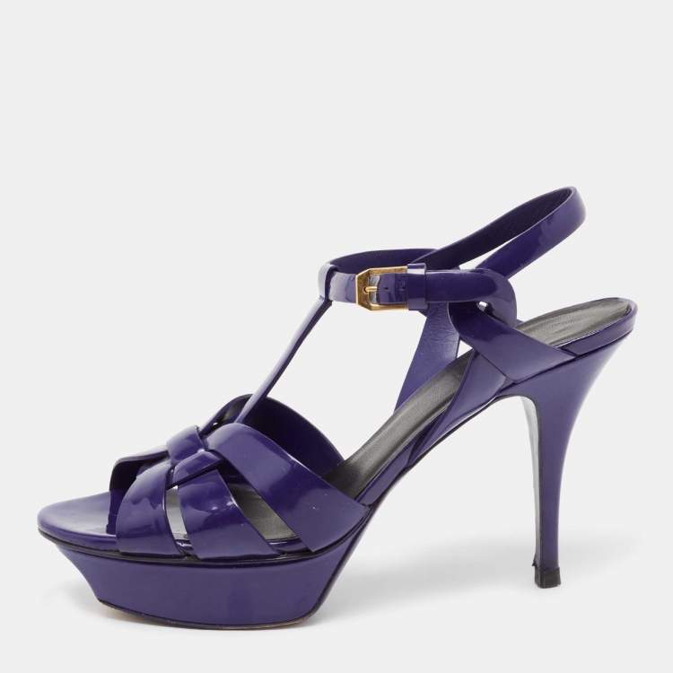 Pre Owned Yves Saint Laurent Blue Patent Tribute Platform Sandals Size 38.5