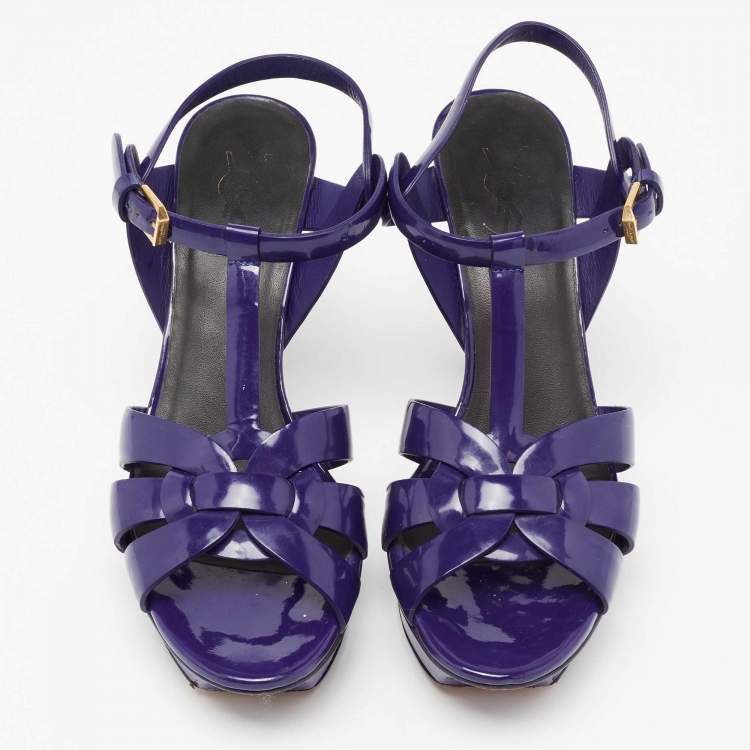 Pre Owned Yves Saint Laurent Blue Patent Tribute Platform Sandals Size 38.5