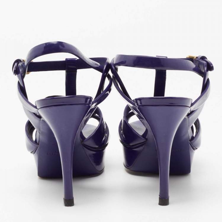 Pre Owned Yves Saint Laurent Blue Patent Tribute Platform Sandals Size 38.5