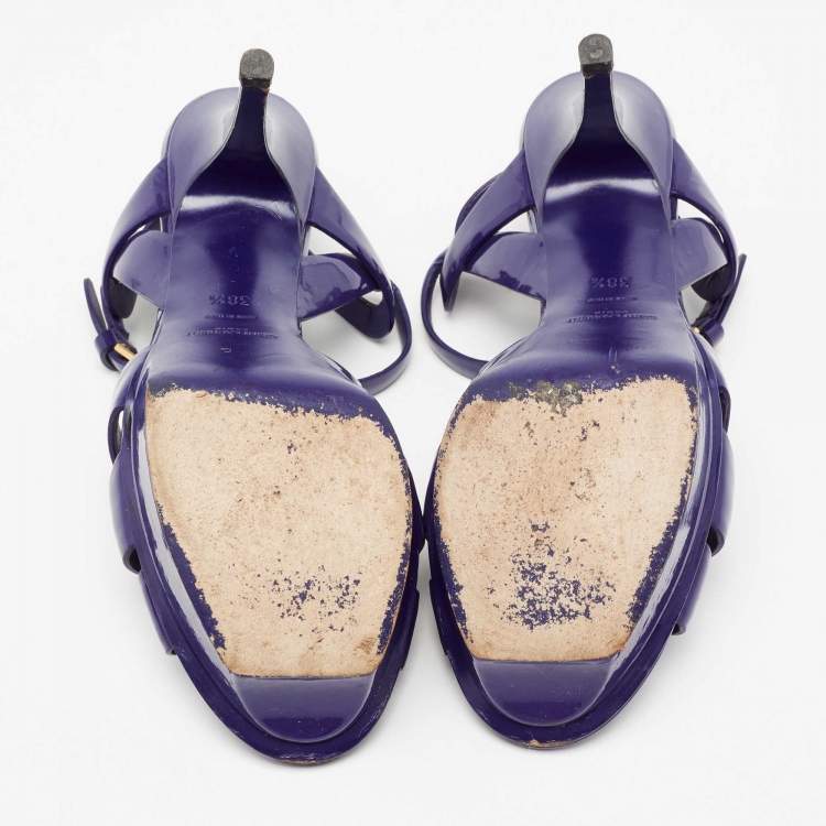 Pre Owned Yves Saint Laurent Blue Patent Tribute Platform Sandals Size 38.5