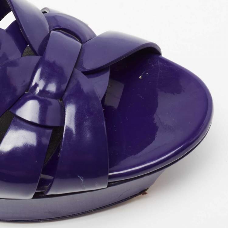 Pre Owned Yves Saint Laurent Blue Patent Tribute Platform Sandals Size 38.5