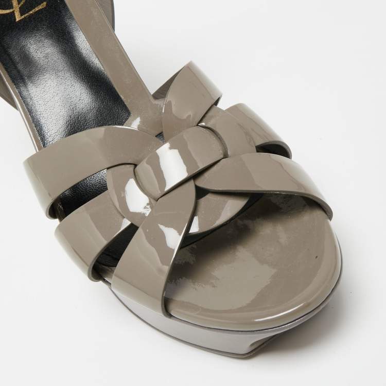 Pre Owned Yves Saint Laurent Grey Patent Tribute Platform Sandals Size 41