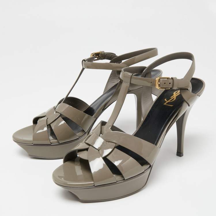 Pre Owned Yves Saint Laurent Grey Patent Tribute Platform Sandals Size 41