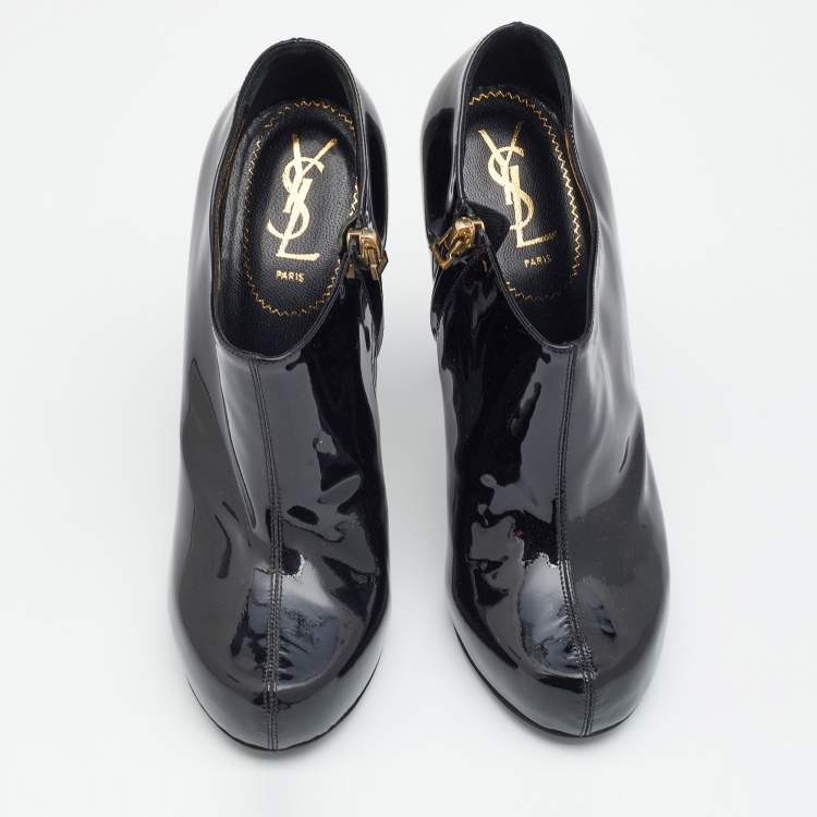 Pre Owned Yves Saint Laurent Black Patent Leather Platform Booties Size 38.5