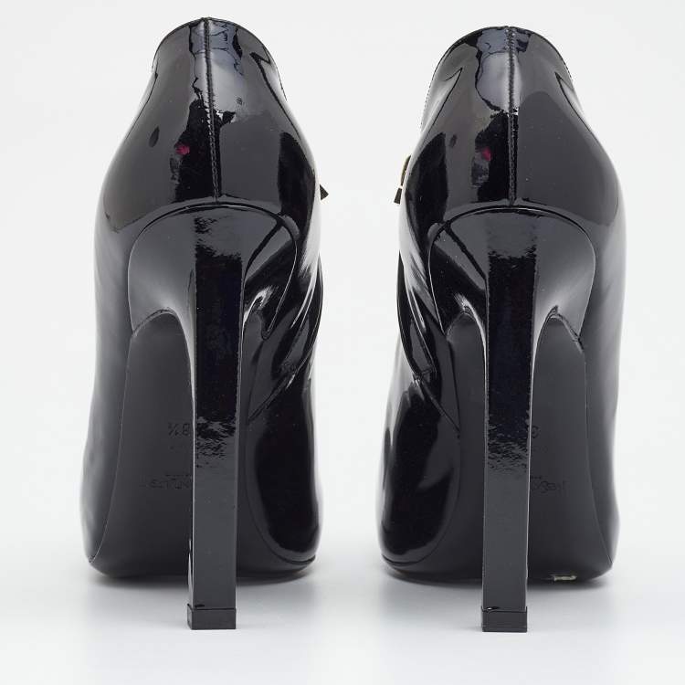 Pre Owned Yves Saint Laurent Black Patent Leather Platform Booties Size 38.5