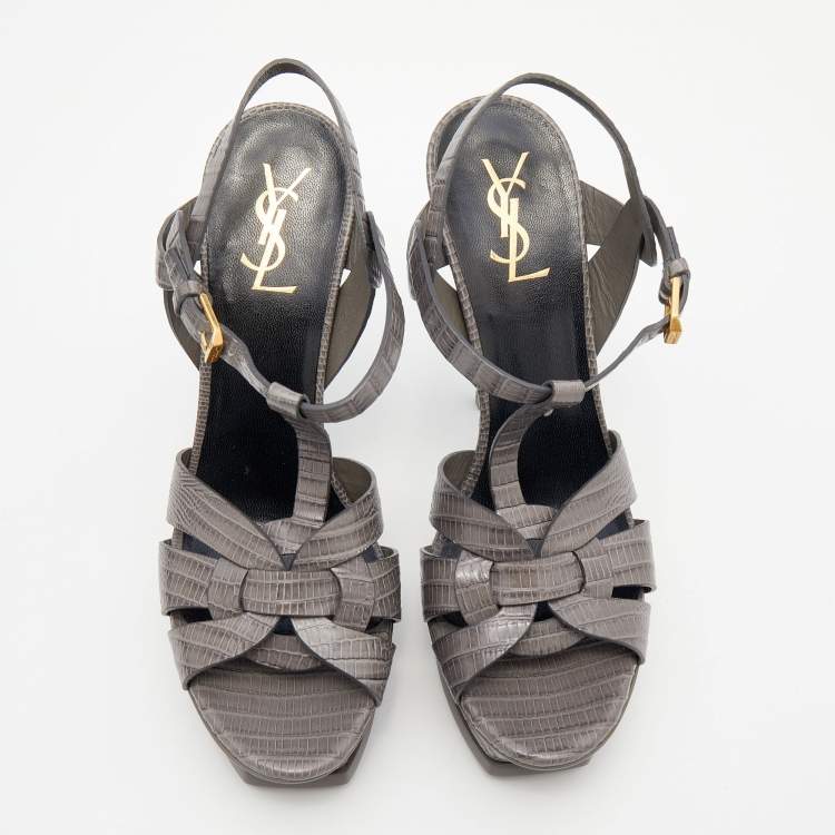 Pre Owned Yves Saint Laurent Grey LIzard Embossed Leather Tribute Platform Sandals Size 39