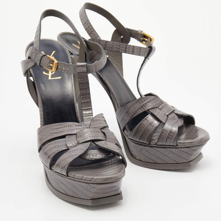 Pre Owned Yves Saint Laurent Grey LIzard Embossed Leather Tribute Platform Sandals Size 39