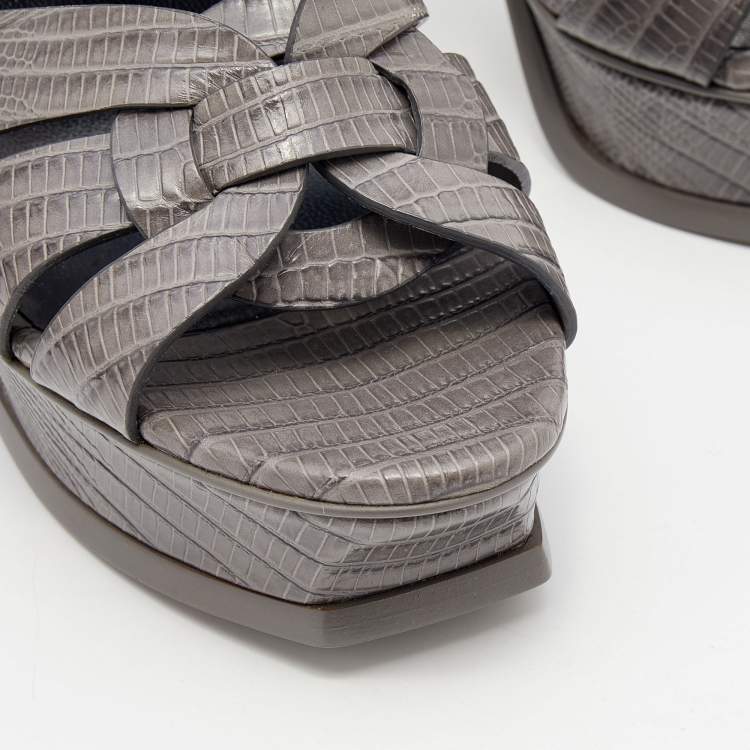 Pre Owned Yves Saint Laurent Grey LIzard Embossed Leather Tribute Platform Sandals Size 39